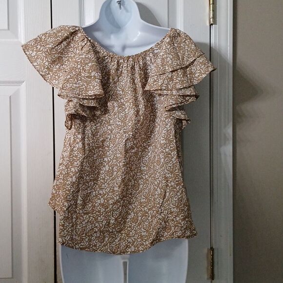 Universal Threads tan white print ruffle short sleeve blouse Sz XS NWT - Picture 3 of 5